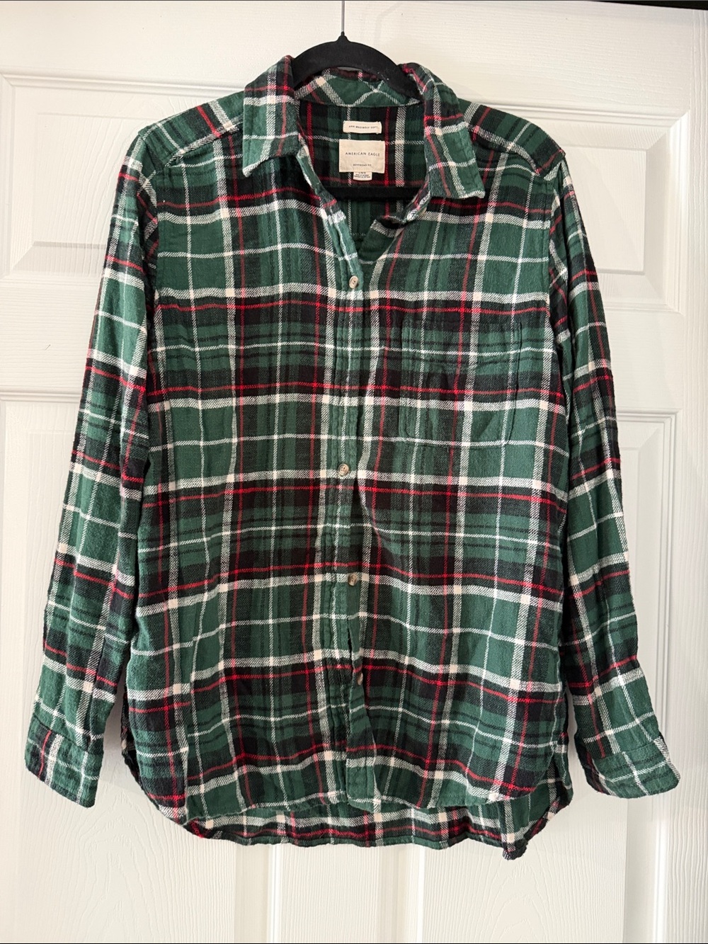 American Eagle Outfitters Green Plaid Button-Down Shirt with Red & White Accents